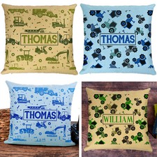 Personalised Tractor Cushion Cover Digger Bedroom Name Pillow Boys Birthday Gift