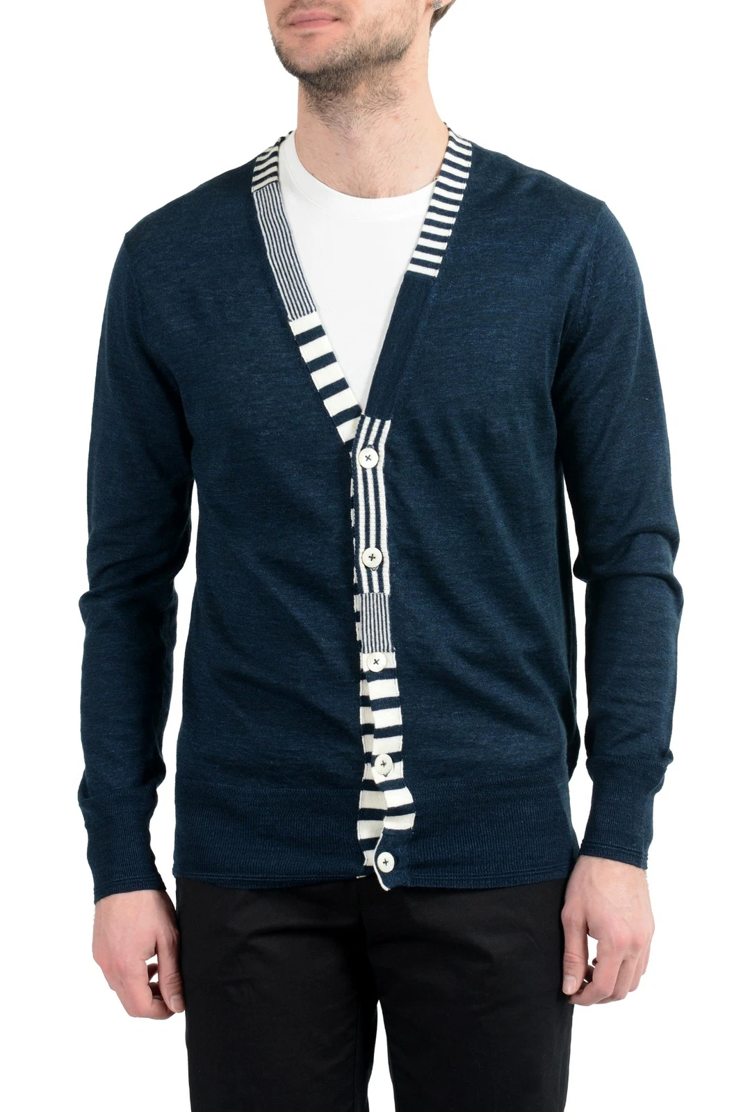 Side Slope Men's Linen Wool Dark Blue Cardigan Sweater