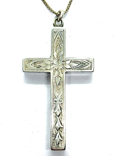 Antik viktorianisch Silber handgraviert Kreuz Anhänger Halskette