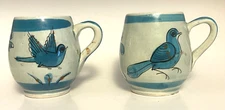 Lot (2) Tonala Blue Bird Pottery coffee Mugs coordinating Cups Mexico signed