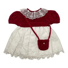 80s Nicole Dorissa Red Velvet White Embroidered Lace Dress Purse Baby Girls 12M
