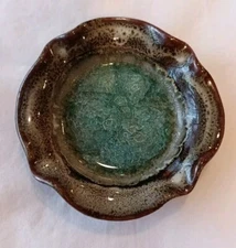 Glazed Ashtray Trinket Dish Stoneware Pottery Crackle Glass 