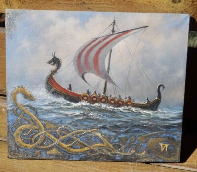 AMAZING ORIGINAL VIKING LONGSHIP PAINTING VIKINGS NORSE