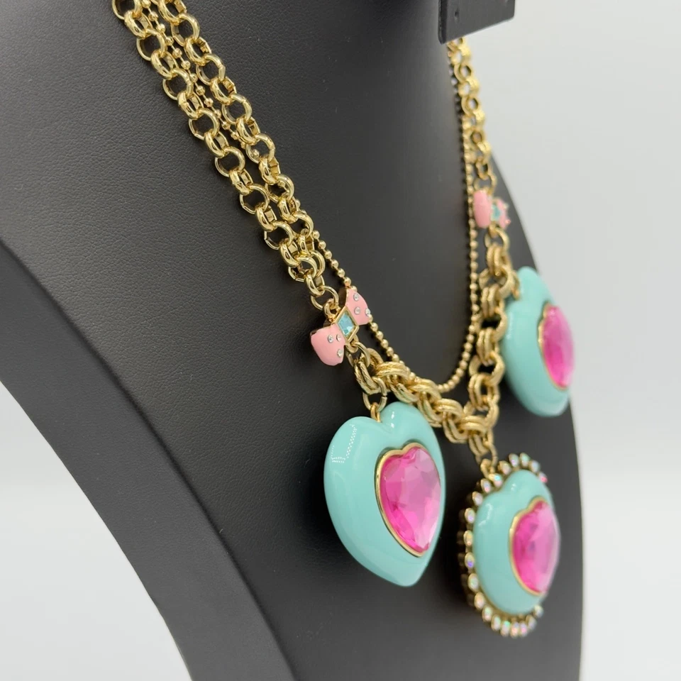 Betsey Johnson Candy Land Heart Necklace Retired Statement Aqua Blue Pink - Image 3 of 4