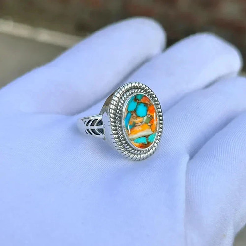 925 Sterling Silver Turquoise Ring Oval Cabochon Boho Statement Jewelry