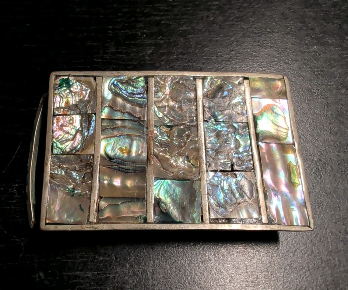 Vintage Alpaca Silver Pearl Inlay Belt Buckle Mother of Pearl Abalone Shell