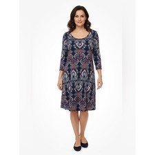 Karen Kane blue orange tribal print font & flare long sleeve dress size Large