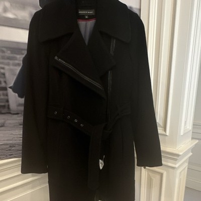 Andrew Marc Black Belted Trench Coat Women Size 12 Collared Lined Long