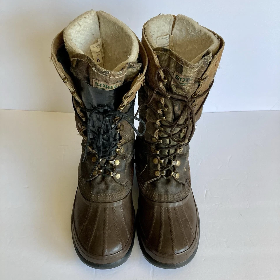 复古 Sorel Kaufman 系带狩猎靴 加拿大皮革迷彩 Upper Duck 男式 8 FLAW — 第 3/4 张图片