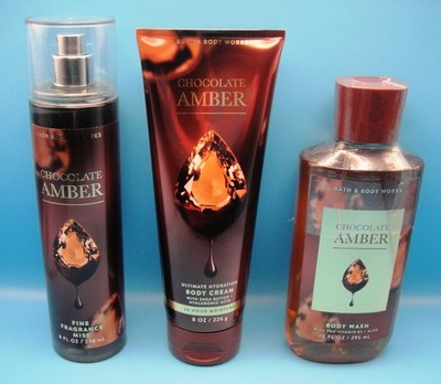 Bath & Body Works Lot *CHOCOLATE AMBER* Fine Fragrance Mist + Body Cream + Wash