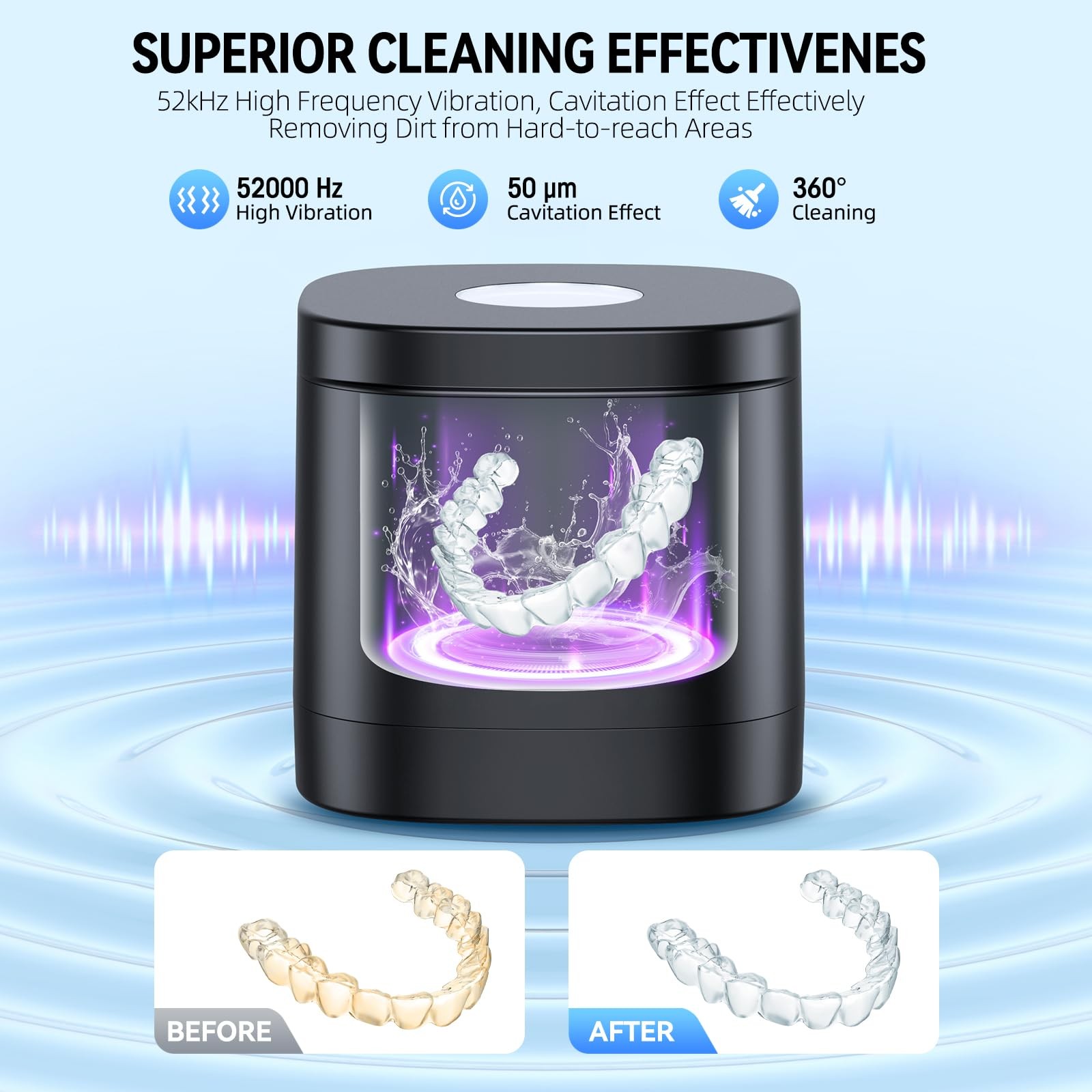 Ultrasonic Retainer Cleaner Machine, 52kHz Ultrasonic Denture Cleaner for Nig...