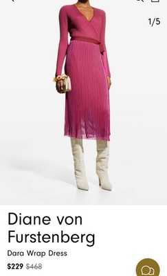 DVF Diane von Furstenberg DARA Ribbed Knit Midi Wrap Pink Dress Sz L  $468