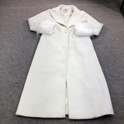 CeCe Coat Womens XS White Faux Fur Cuff Trim Long Single Breasted Lined Overcoat