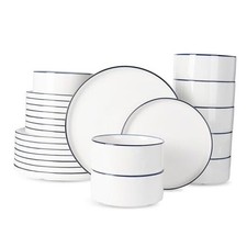 Porcelain Dinnerware Set, 24-Piece Modern 8-Set 24pcs White with Blue Trim