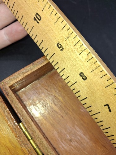 Vintage Oak Wood Pencil Box Hinged Lid Brass Accents Corner 9” - Picture 19 of 21