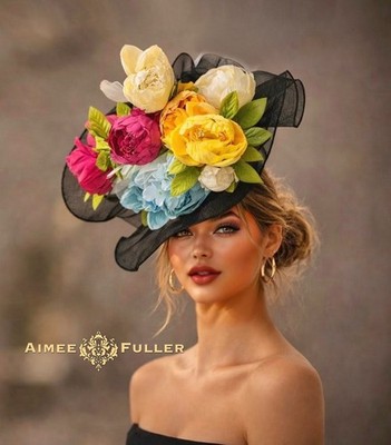 Black Kentucky Derby Fascinator Rainbow Peony Hat Yellow Pink Blue Orange White