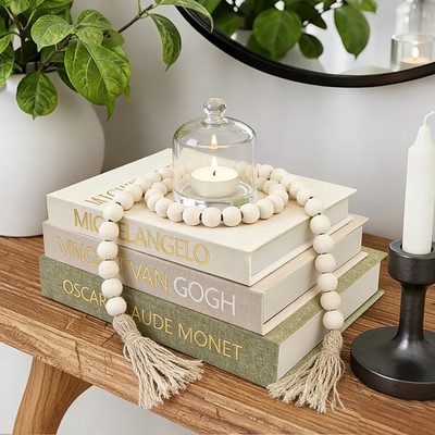 Aesthetic Decorative Books for Home Decor w. Wood Bead - Set of 3 Linen Fake ...