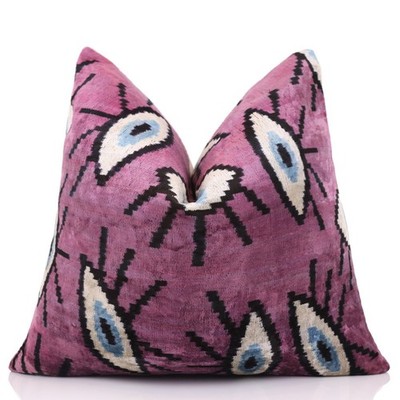 Magenta Blue Eye Silk Velvet Pillow   20x20 Handmade Ikat Throw Cushion