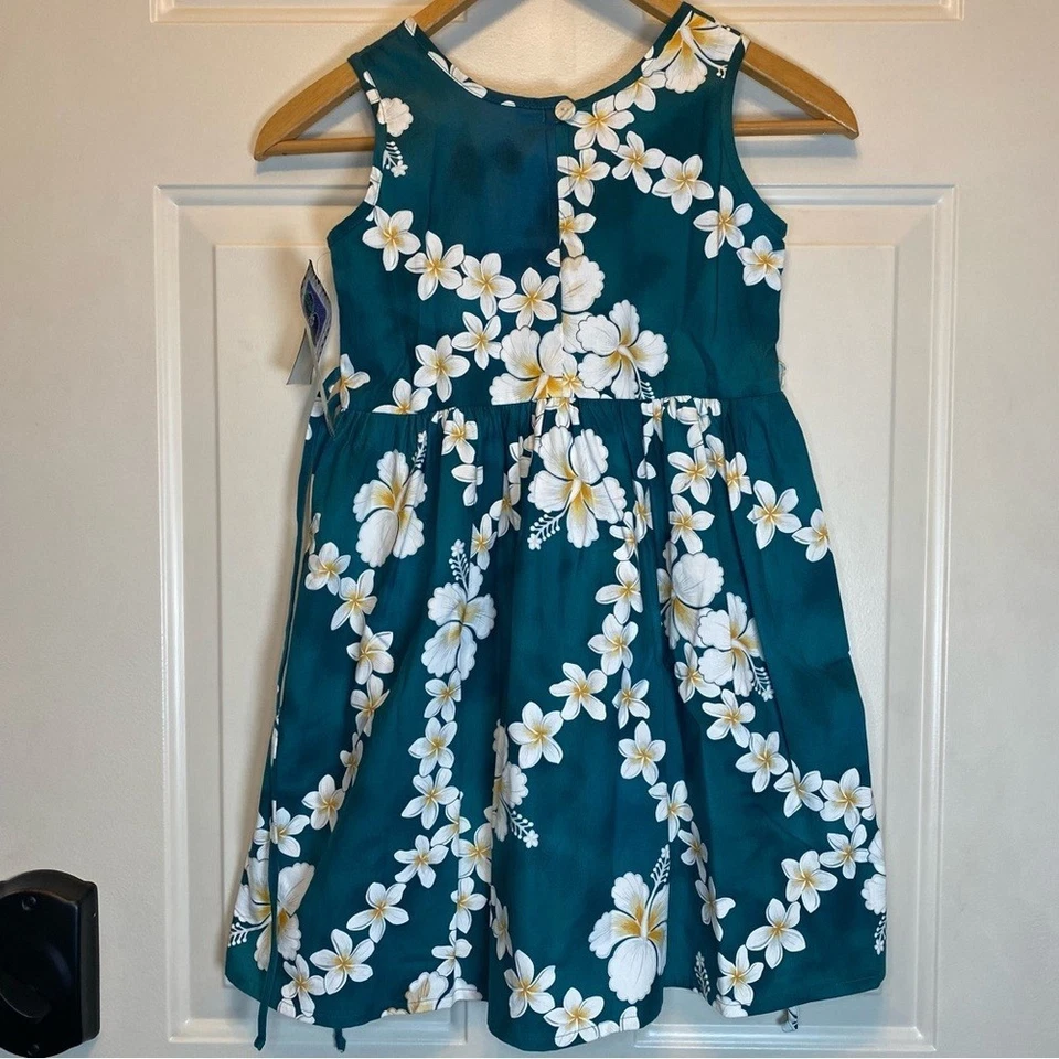 Vestido Hilo Hattie Niña Hawaiano Sin Mangas Hasta la Rodilla Talla 7 Verde Blanco Floral Foto 3 de 4