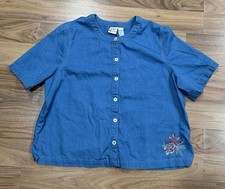 Vintage Koret City Blues Womens Size 18W Denim Floral Embroidered Top