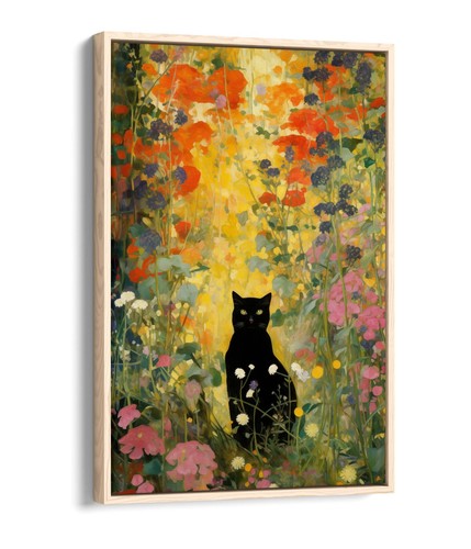 GUSTAV KLIMT BLACK CAT IN GARDEN -FLOAT EFFECT FRAMED CANVAS WALL ART PRINT - Picture 3 of 8
