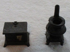 2 Antique Mini Cast Iron Stoves Banks 1 Potbelly 1 Old Kitchen