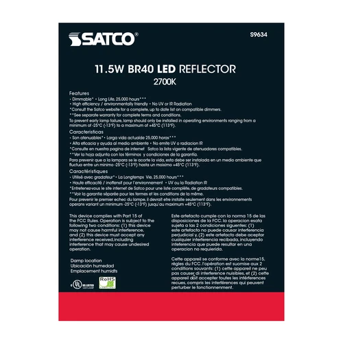 Satco S9634 11.5W =75W BR40 LED 2700K Warm White 120V Medium E26 Base 940 Lumen - Picture 11 of 16