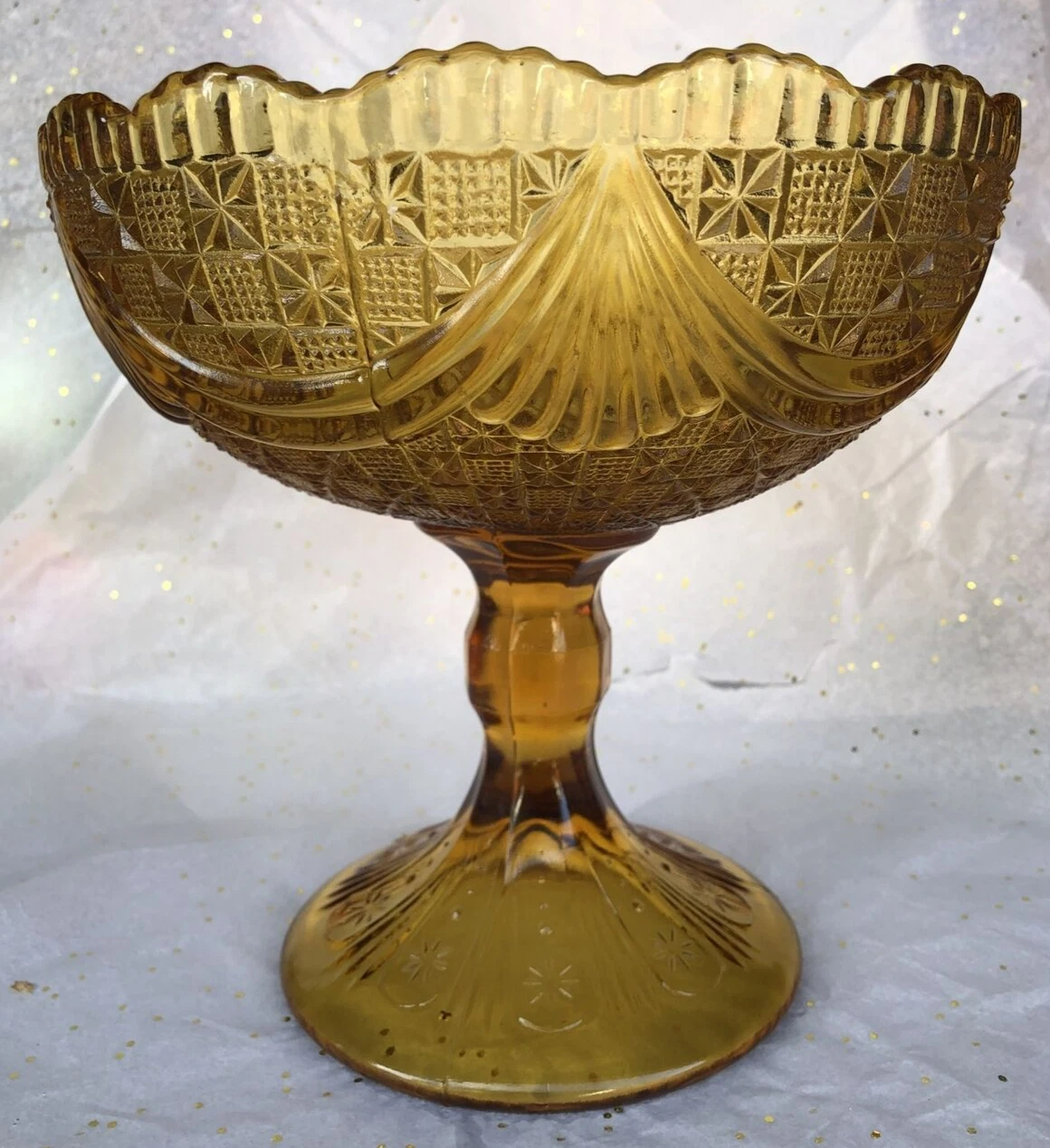 Gold Glass Rare EAPG American Drape Pattern Pedestal Compote