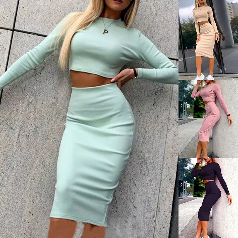 Two piece set Women Long Sleeves Crop Top Solid Midi Bodycon Skirt Summer Outfit