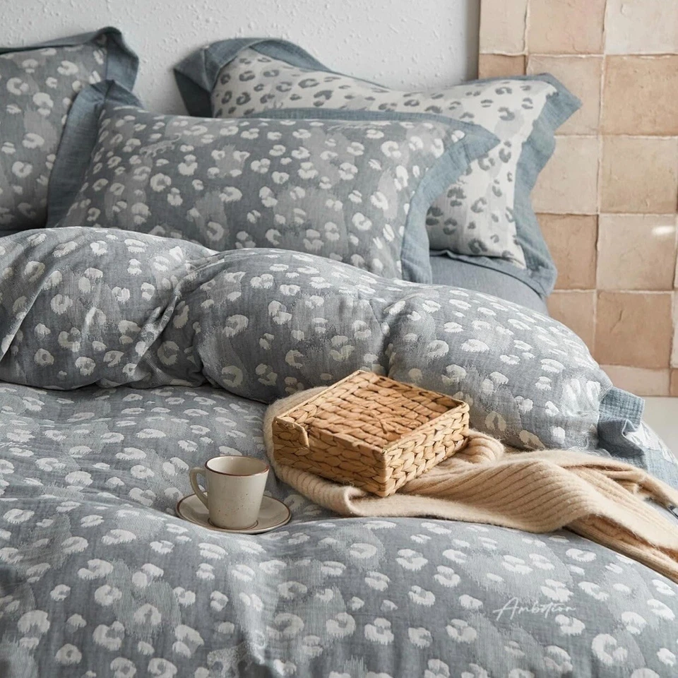 NEW Anthropologie Blue Grey Spotted Boho King Size Bedding Duvet Sham Case Set - Image 3 of 4