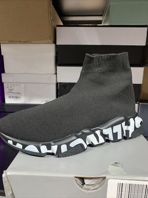 New Balenciaga Black Knit Fabric Speed Trainer High Top Sneakers