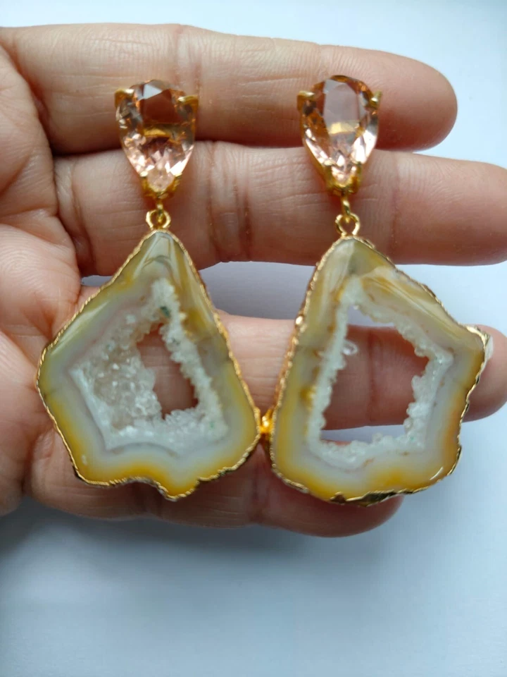 Druzy Slice Earring,Hydro Quartz Earring,Geode Fashion Jewelry,Gold Edge Earring - Image 4 of 4