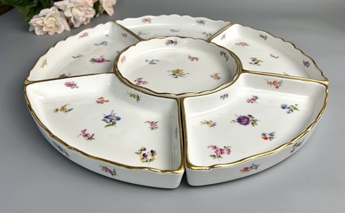 Antique Meissen Sectional Sweetmeat Platter With Tray Scattered Flowers 15 3/8”W - Picture 19 of 23