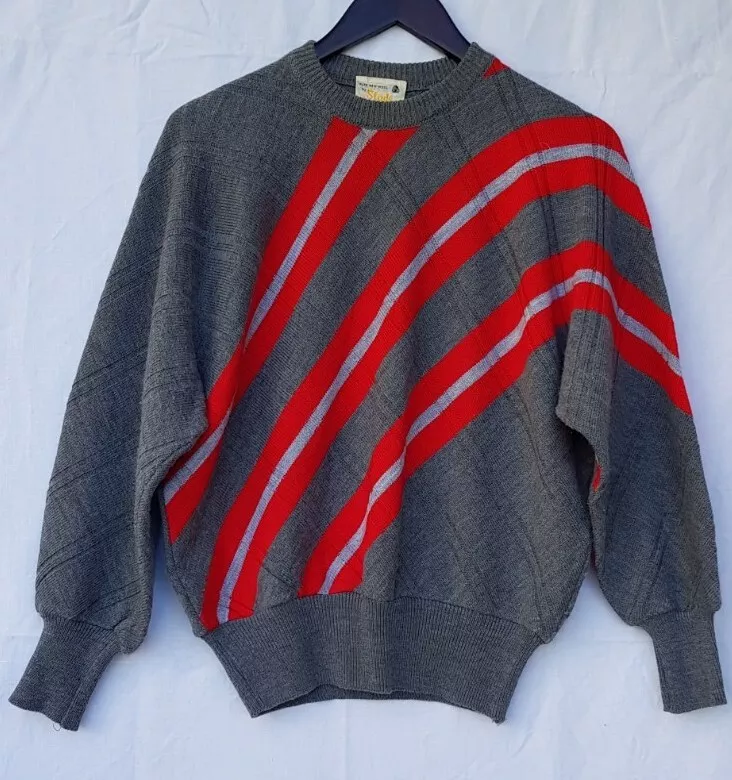 Vintage Slade Wool Jumper Grey With Red Stripes. Size 14