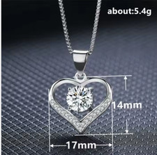 Silver Heart Shaped Zircon Pendant Necklace Inlaid Crystals 18" Necklace
