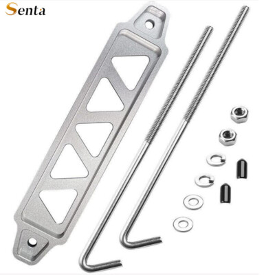 Aluminum Car Battery Hold Tie Down Bracket Mount Kit + 10'' J-Hooks Bolts Silver