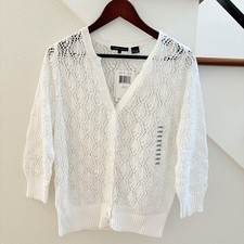 Womens Vintage Crochet Knit White Cardigan Sweater Large Cottagecore Boho Chic L