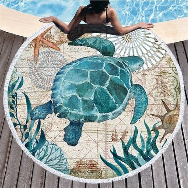 Sea Turtle Large Round Beach Towel 59 Inches Microfiber Blanket Ocean Blue