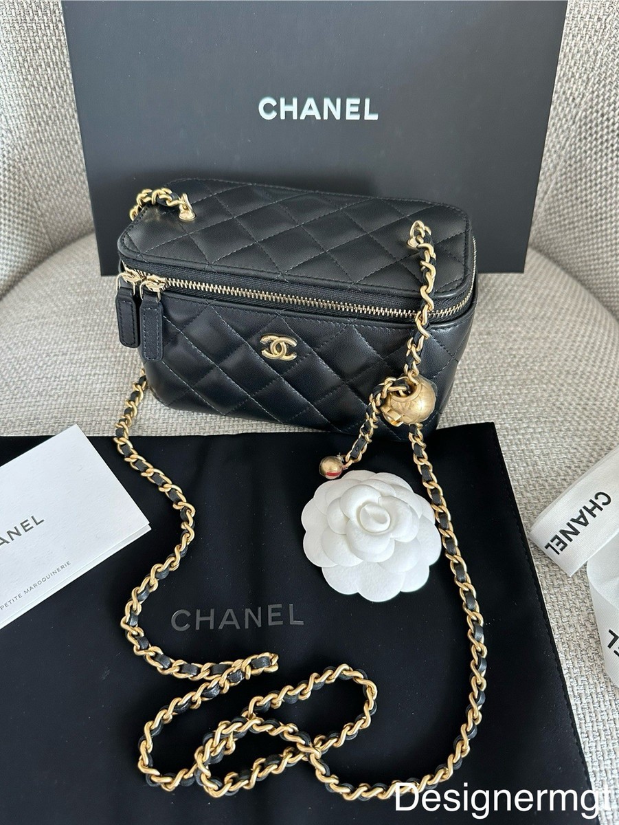 NIB 100%AUTH CHANEL Black Lambskin Pearl Crush Long Vanity Bag on