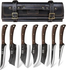 HOSHANHO Butcher Knife Set, Hand Forged Butcher Chef Knife Set with Roll Bag,