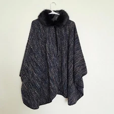 Cejon Black and Blue Poncho with Faux Fur Collar OSFM