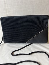 Vintage Black Satin Pleated Evening Bag Clutch Rhinestone Accent Braided Strap