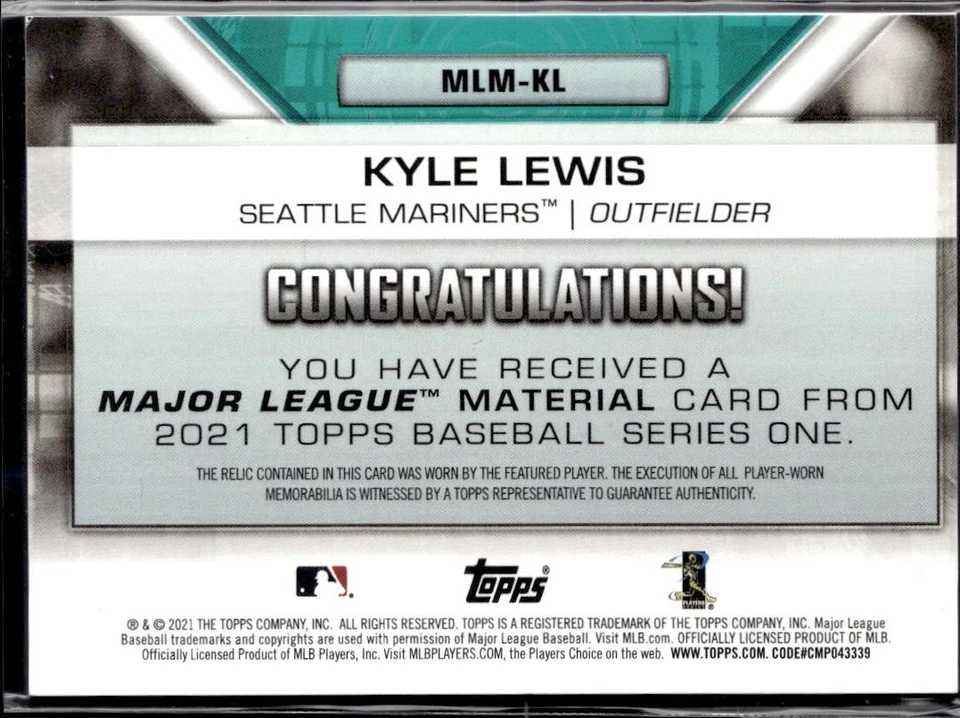 2021 TOPPS SERIES 1 MAJOR LEAGUE MATERIAL #MLM-KL KYLE LEWIS - Image 2 of 2