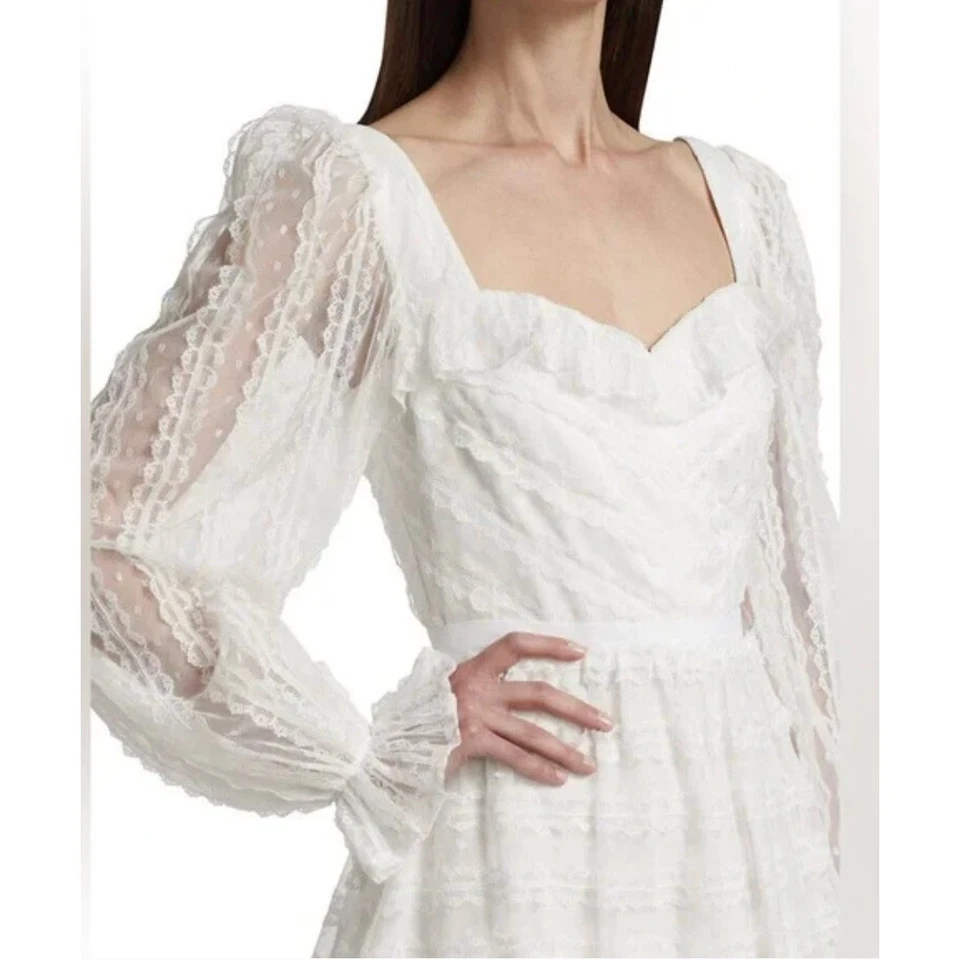 Mini Vestido ML Monique Lhuillier Blanco Encaje Manga Bishop Talla 0 — Novia Foto 2 de 4