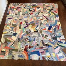 VTG Handmade Hand Pieced Stitched Scrap Crazy 72 x 88 Quilt Top Farmhouse