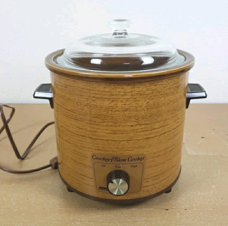 Vintage Montgomery Ward Crockery Slow Cooker Crock Pot CLEAN Faux Wood Grain