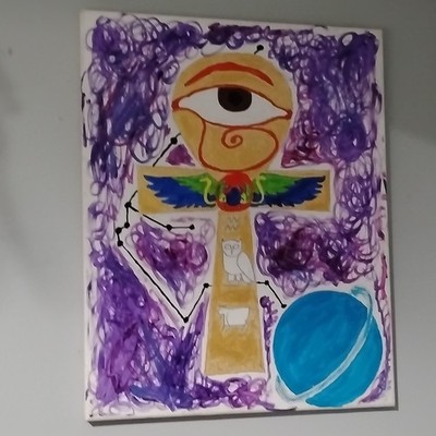 Abstract Egyptian Symbolism Acrylic Canvas Painting Eye of Horus Ankh Scarab Owl