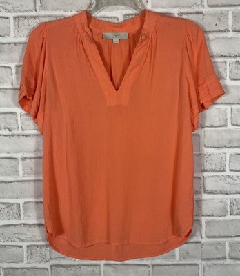 Loft Top Womens Size Small Orange V-Neck Krinkled Pullover Short Flutter Sleeves