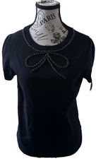 The Limited Women’s Black Beaded Bow Knit Top Size L Short Sleeve Round Neck