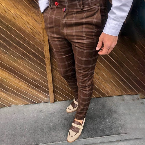 Mens Casual Plaid Bottoms Men Summer Leisure Button Trousers Fitted Long Pants - Picture 6 of 19